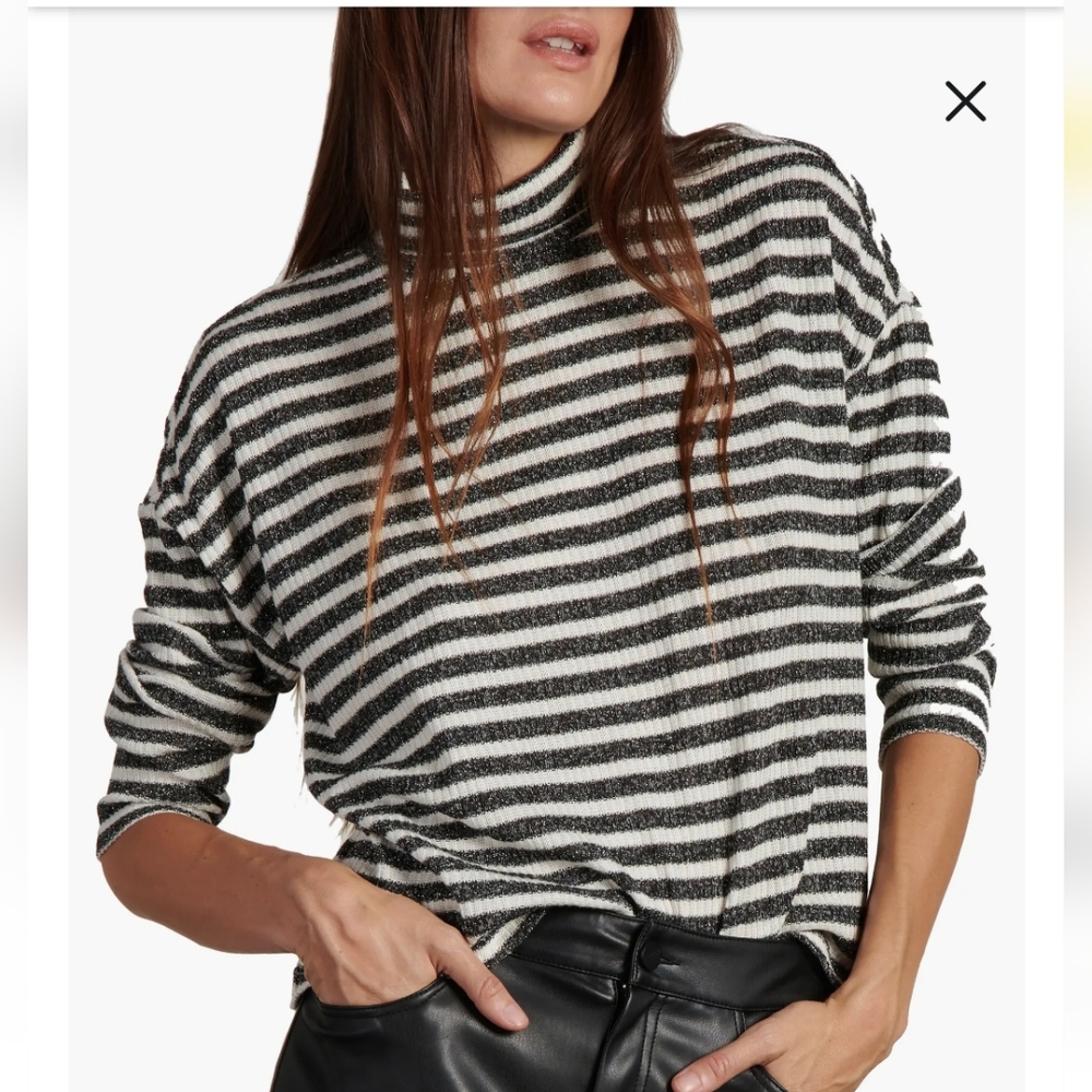 Sanctuary Black and White With Metallic Detail Striped Turtleneck Sweater